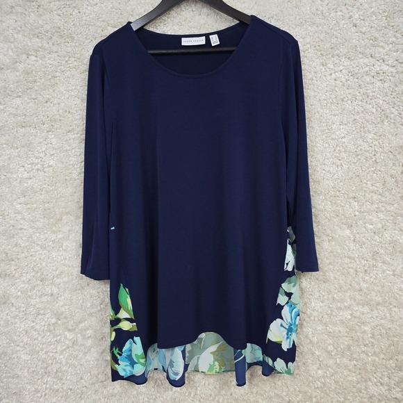 Susan Graver Top Women Large Tunic Blue Liquid Knit 3/4 Sleeve Flowers Career - Picture 1 of 11